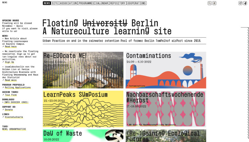 Screenshot of Floating Berlin, describing itself as “A Natureculture learning site” and showcasing some projects, like “Re-EDOcate me!”, and “Contaminations”.