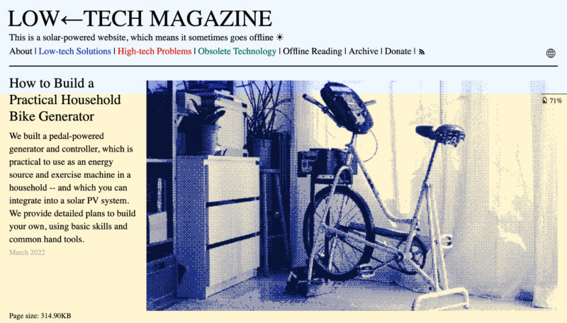 Screenshot of the website Low←Tech Magazine, showing a simple website with an article titled “How to Build a Practical Household Bike Generator” and a blue-yellow background color that indicates that the battery status of the solar battery is at 71%.