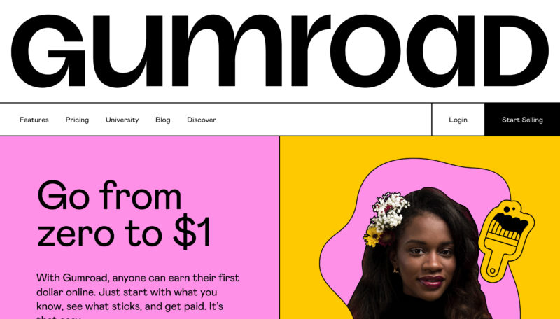 Screenshot of Gumroad’s homepage showing a big title and a first headline titled “Go from zero to $1”.