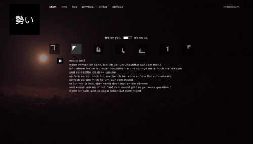 A website for the band 勢い, showing a menu, a toggle for “it’s on you” vs. “it’s on us”, a bunch of blocks with abstract symbols and the lyrics for the currently-playing song “apollo nölf”.