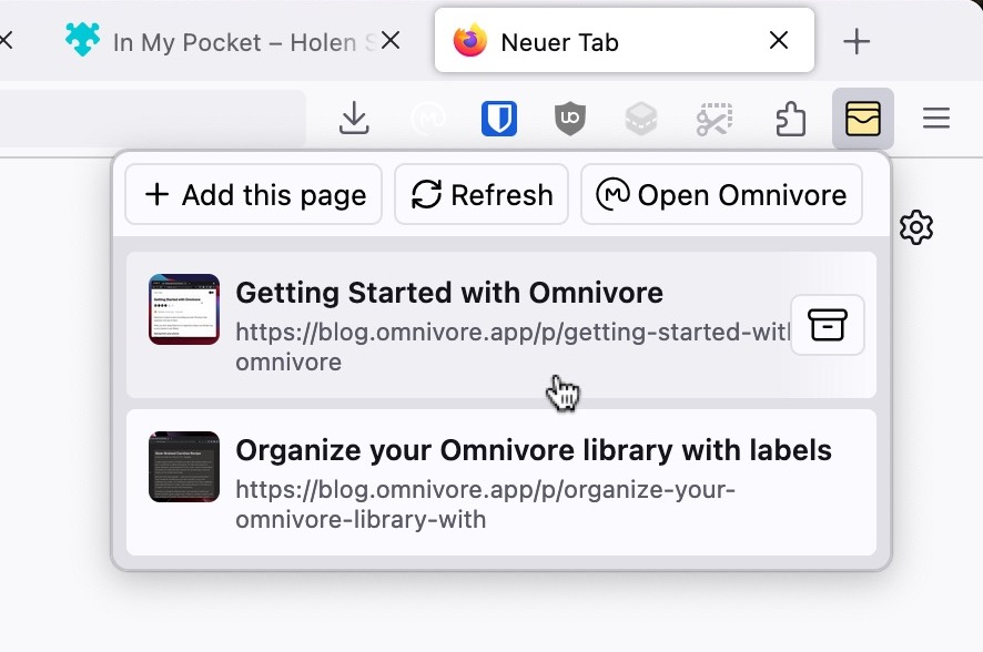 Screenshot of the Omnivore List Popup extension in a Firefox window. The popup shows a list of two page items: "Getting started with Omnivore" and "Organize your Omnivore library with labels".