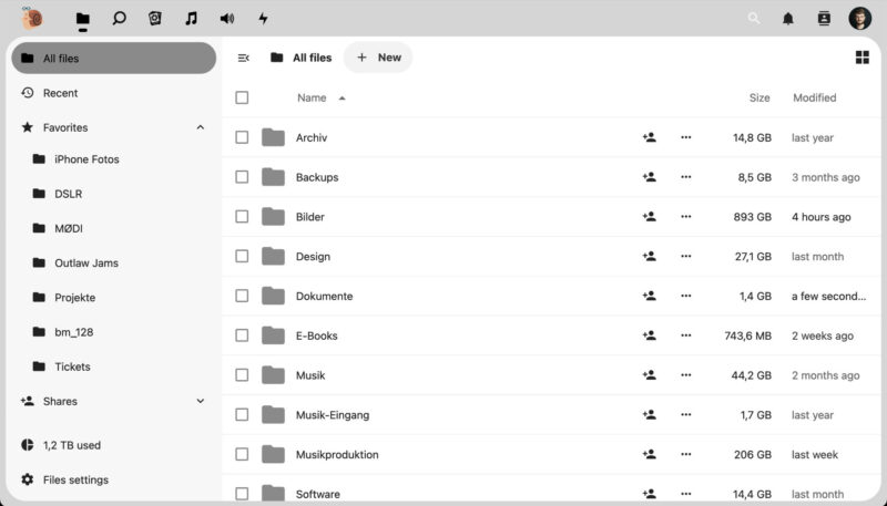 Screenshot of the Nextcloud web UI. The current tab "files" is showing a list of folders and has a sidebar to jump to different favorites, the settings, etc.